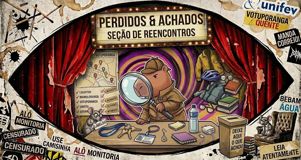 Ilustração de um mural de achados e perdidos com chaves, óculos e objetos esquecidos